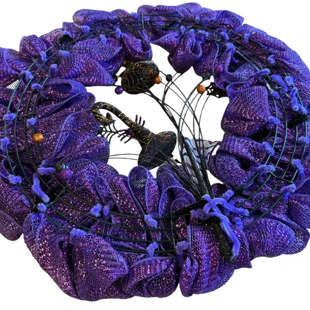 Handmade Purple Halloween Deco Mesh Wreath with Ribbon Bow, Spiders & Webs 20
